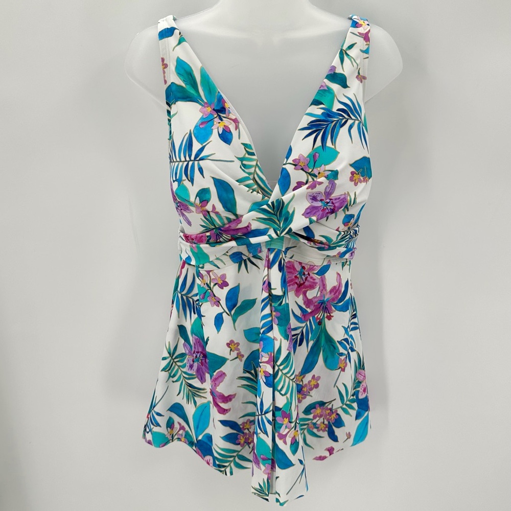 Swimsuits for All Tankini Top Womens Plus 20 White Tropical Floral V-Neck Twist